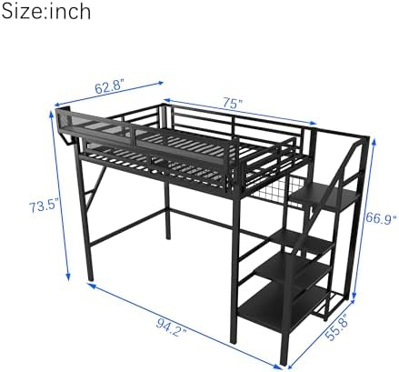 KEIKI Full Size Metal Loft Bed Frame with Grid & Staircase & Built-in Storage Shelves & Wardrobe, Modern Loft Bed with Solid Slat & Guardrail, No Box Spring Required, Easy Assembly, for Bedroom, Black - Image 2