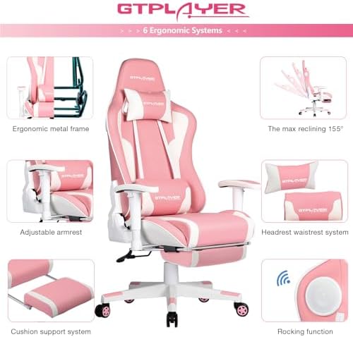 GTPLAYER Gaming Chair with Footrest Speakers Video Game Chair Bluetooth Music Heavy Duty Ergonomic Computer Office Desk Chair (Pink) - Image 5