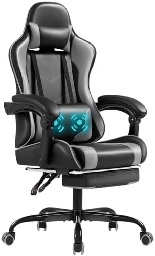 Shahoo Gaming Chair with Footrest and Massage Lumbar Support, Video Racing Seat Height Adjustable with 360°Swivel and Headrest for Office or Bedroom, Grey by BuynowfromShahoo