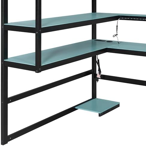 DNYN Gaming Loft Bed with Built-in Desk and Storage Shelves for Teens/Adults Bedroom, Space-Saving Full Size Wooden Bed Frame with LED & Side Race, No Box Spring Needed - Image 4