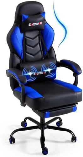 ECOTOUGE Blue Big and Tall Ergonomic Massage Gaming Chair with Footrest | Lumbar Support, Reclining High Back, 360° Swivel, Computer Chair, Sturdy, Comfortable, Height Adjustable, for Gaming & Office by ECOTOUGE