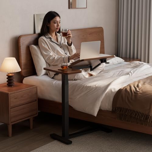 Solid Wood Overbed Bedside Table with Wheels, Tilting Adjustable Hospital Bed Table Over The Bed, Medical Mobile Laptop Stand, Rolling Standing Desk for Hospital and Home Use(Walnut) - Image 3