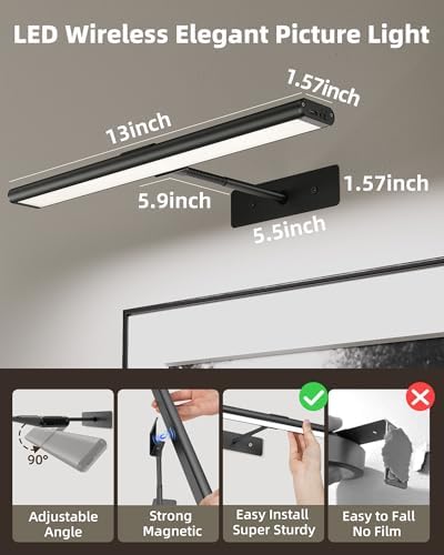 EZVALO Picture Light for Wall, 13'' Black Rechargeable 4800mAh Battery Lights Wireless with IR Remote, Magnetic LED Art Painting Light with 3 Color Temperatures, Display for Gallery, Living Room - Image 5