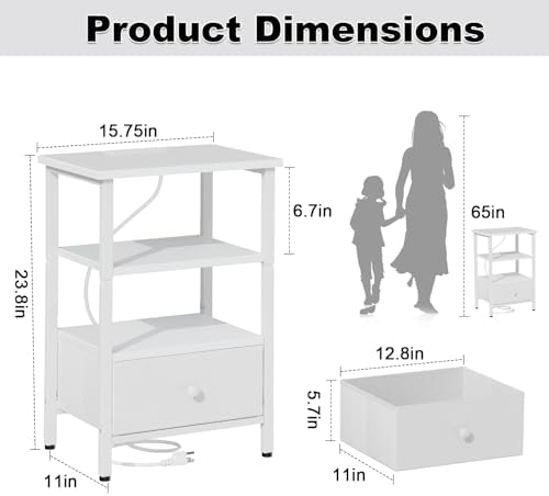 Side Table with Charging Station, Nightstand with Adjustable Fabric Drawer, Bedside Table for Bedrooms, Living Rooms & Home Decor (White) - Image 2