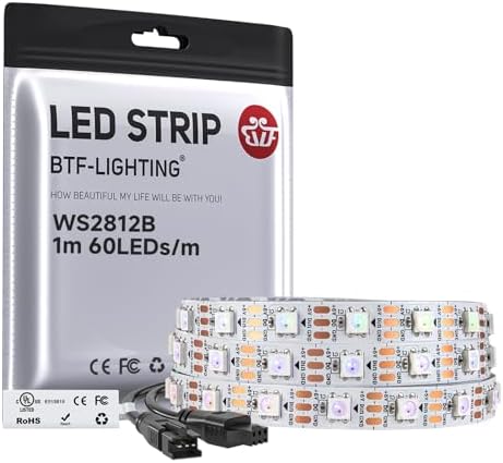 BTF-LIGHTING WS2812B IC RGB LED Strip,UL Listed,Pure Gold Wires,DC5V 3.28FT 60LED 5050SMD,Individually Addressable,Flexible for DIY Chasing Full Color Project,3M Tape,IP30(No Adapter or Controller) by BTF-LIGHTING