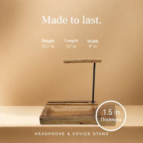 Multi-Device Headphone Stand, Acacia Wood Tech Organizer with Storage Tray - Image 4