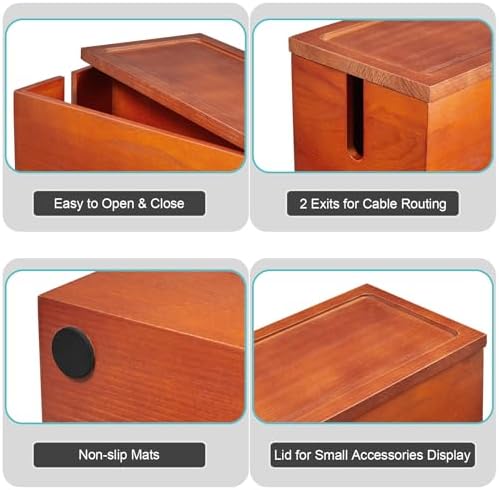Large Cable Management Box, Wooden Cord Organizer Box for Desk, Floor, Office to Hide Extension Cords Power Stripes Surge Protectors Chargers Wires, Red Brown - Image 4