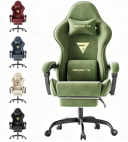 Ferghana Ergonomic Velvet Gaming Chair with Massage, Footrest & Reclining High Back, Racing Style Computer Desk Chair for Adults, Home Office Use, Green by FerghanaGamingChair
