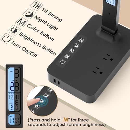 LED Desk Lamp with Power Strip: Table Lamp with Charging Station - 2 Outlets 1 USB-A Ports 1 Type-C Ports, Surge Protection and Led Display, 5ft Extension Cord, 5 Color Modes 5 Brightness - Image 4