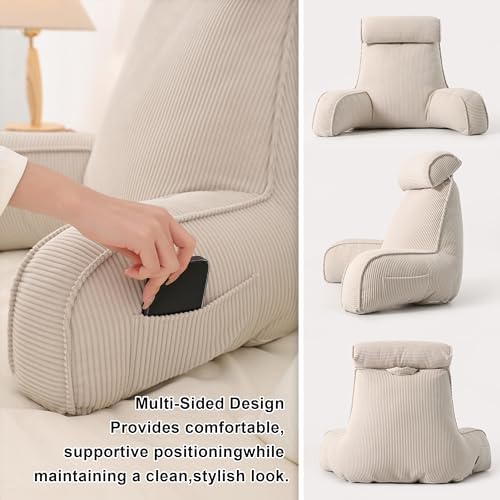 Reading Pillow for Sitting Up in Bed, Corduroy Backrest Pillow with Arms, Side Pocket & Washable Cover, Bed Rest Pillow Back Support for Adults, Beige Gray - Image 4