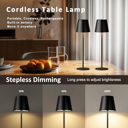 Kakanuo Cordless Table Lamp, 3 Color Stepless Dimming, 5000mAh Rechargeable Battery Powered, Outdoor LED Lamps, for Dining Room, Living Room, Bedroom, Bar, Cafe, Restaurant, Patio, Camping - Black - Image 3