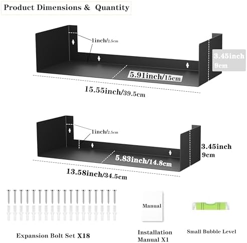 Metal Bali Floating Wall Shelves 15.5&13.8INCH for Storage and Decor Wall Mounted CD DVD&Books Perfume, Make up Storage Shelves Living Room, Bedroom, Bathroom & Kitchen,4P,Black - Image 2