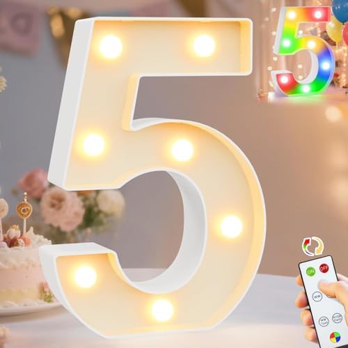 Pooqla LED Light Up Numbers 5, Warm White and Colorful Lighted Marquee Numbers with Remote, Lighted Numbers for 5th 50th Birthday Decorations, Gift for Girls Boys Her Him Anniversary Home Party Decor by Pooqla