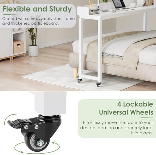 Arlopu Overbed Table with 360° Wheels, Queen Size Mobile Bed Desk, White - Image 4