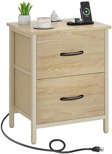 Vagusicc Nightstand with Charging Station, Bedside Table with USB Ports and Outlet, End Table Side Table with 2 Fabric Drawers for Bedroom, Living Room, Natural by Vagusicc