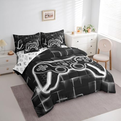 Feelyou Kids Gamer Queen Comforter Set with Sheets 7 Piece Grey and Black Bedding Set for Boys Teens Decor Gaming Ombre Bed in a Bag Geometric Square Bed Set - Image 2