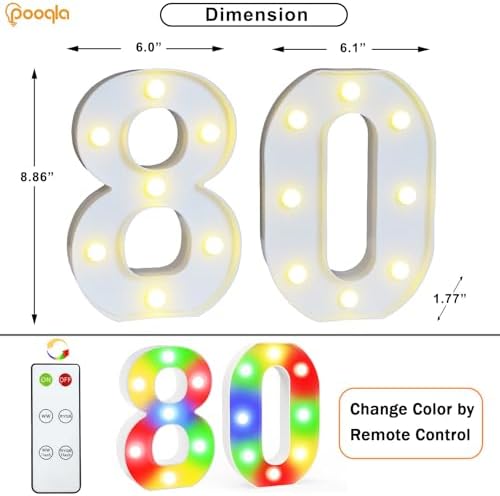 Pooqla 80th Birthday Decoration for Her Him, Decorative LED Light Up Numbers, Marquee Numbers 80 Sign for Party Backdrop 80th Wedding Anniversary Decor Gift, Warm White and Colorful Number 80 - Image 3