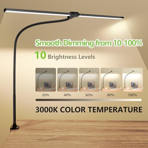 ShineTech LED Desk Lamp for Home Office, 3000K Warm White Double Head Architect Task Lamps with Clamp, Dimmable Adjustable Flexible, Black - Image 2