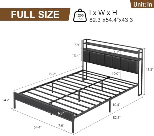 Full Size Bed Frame with Upholstered Headboard and 2-Tier Storage Shelves - Image 2