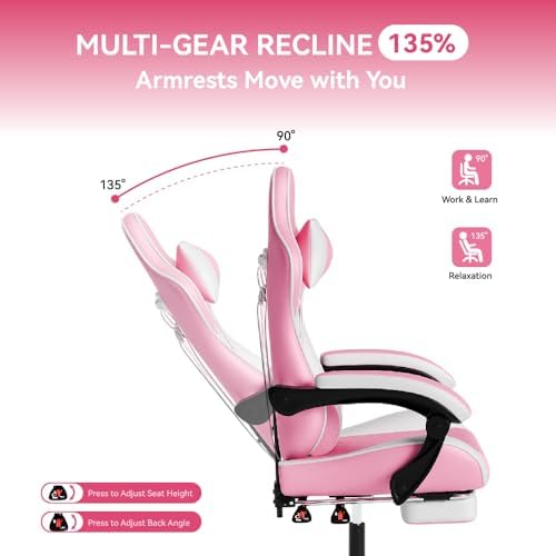 Pink Ergonomic Video Gaming Chair | Massage Lumbar Support, 90°-135° Reclining with Footrest, Adjustable Height 360° Swivel PU Leather Office Chair for Adults - Image 3