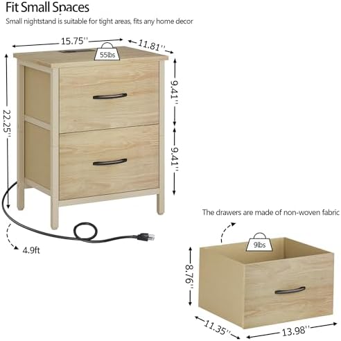 Vagusicc Nightstand with Charging Station, Bedside Table with USB Ports and Outlet, End Table Side Table with 2 Fabric Drawers for Bedroom, Living Room, Natural - Image 3
