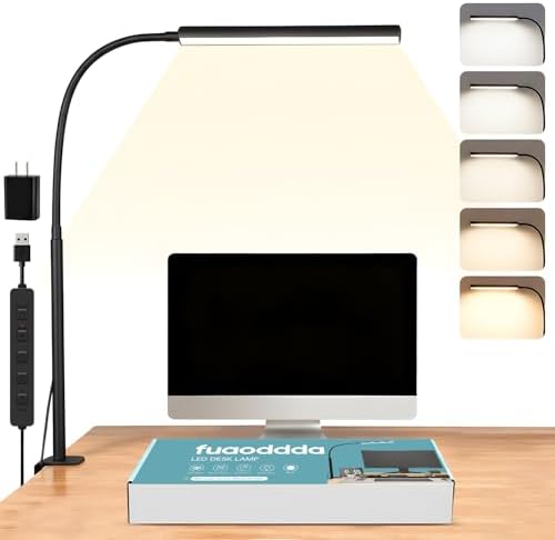LED Desk Lamp with Clamp, 5 Color Modes & 10 Brightness Levels, Eye-Caring Desk Light, Flexible Gooseneck, Memory Function, Adapter Included for Home Office, Reading & Study by Unknown