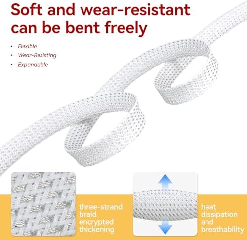 Braided Cable Sleeve, 16.4ft Expandable Mesh Cable Management Sleeve, Wear-Resistant Cord Protectors from Pets No Chew Flexible Wire Sleeving for Audio Video (White and Silver, 13/16") - Image 3