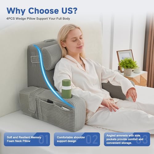 Reading Pillow for Bed, Back Pillow for Bed Sitting Up, Bed Pillows for Sitting Up with Adjustable Armrests, Cup Holder & Large Pocket, Backrest Cushion for Reading, Watching TV (Grey, 4PCS) - Image 5