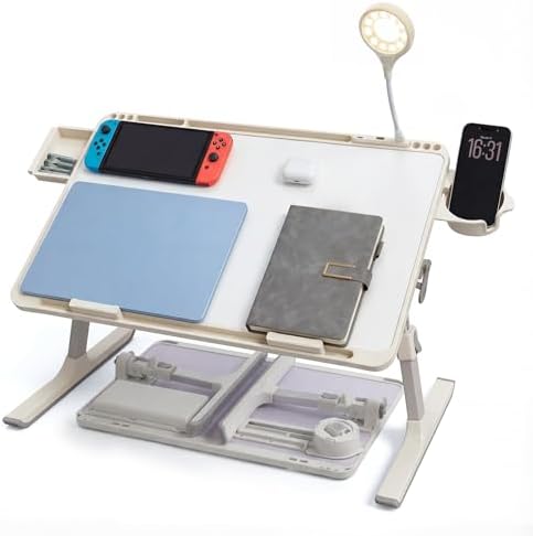Foldable and Adjustable Laptop Bed Table with Hidden Drawer, Cup Holder, USB Voice-Controlled Night Light, White 23.6"x15.7", Suitable for Working, Gaming, and Other uses on Bed and Sofa by Unknown