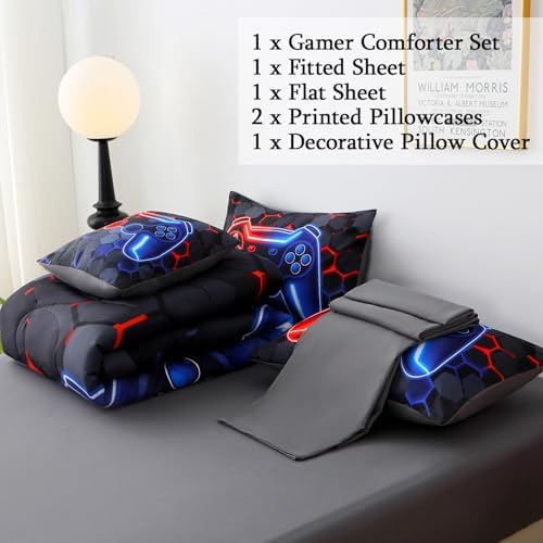 JQinHome Twin Gaming Bedding Set 6-Piece Comforter for Kids Teens - 3D Video Game Console Print Bed in a Bag with Ultra-Soft Fluffy Sheets, Red-Blue Unisex Design (Twin) - Image 5