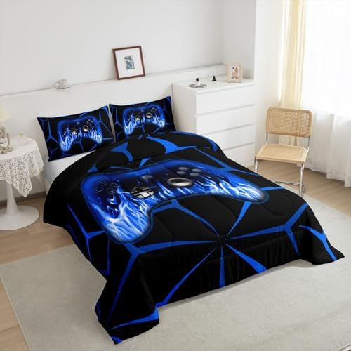 Feelyou Kids Gamer Comforter Set,Gaming Bedding Set Full Size for Boys Girls,3D Geometric Video Game Console Comforter,Blue and Black Game Contoller Bed Set for All Season - Image 4