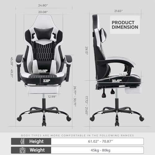 Gaming Desk Chair for Adults, Ergonomic Gaming Chair (Black+White-1) | with Footrest & Headrest and Lumbar Support, Leather Material Height Adjustable computer Video Game Chairs - Image 3