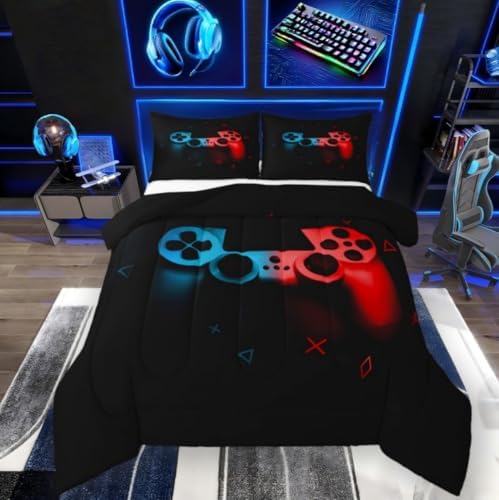Erosebridal Gaming Comforter Set Twin Size for Boys Kids Game Room Decor Video Game Gamer Comforter Man Teens Bedroom Gamepad Bedding Set All Season,Black Blue Red - Image 2