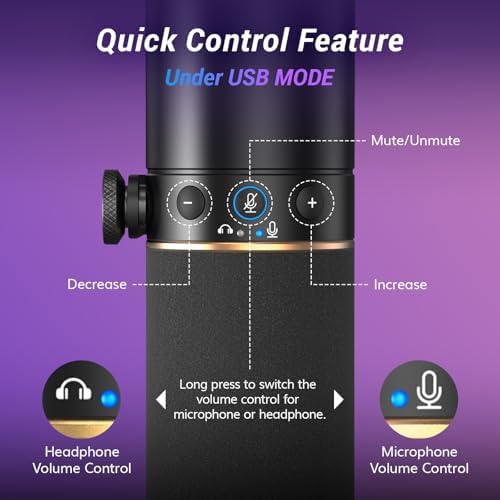 TONOR Dynamic Podcast Microphone, XLR/USB Mic for Recording, Streaming, XLR Cardioid Studio Mic with Quick Mute, Volume Control, 200 cm/78inch Cable, with RGB and Low Profile Boom Arm, Black, TD520S+ - Image 6