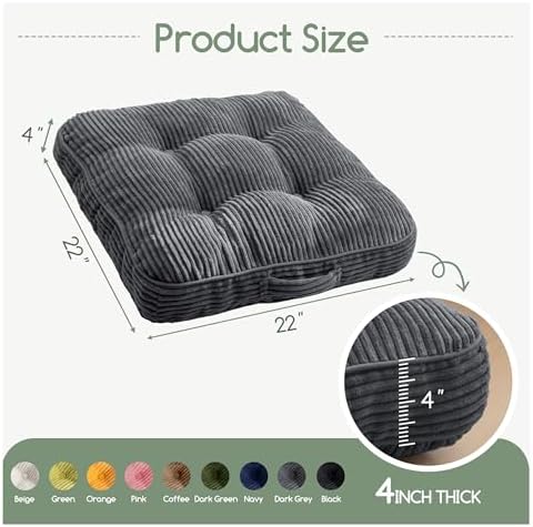 HIGOGOGO Floor Pillow Cushion for Adults, Meditation Cushion Pillow, Large Square Floor Sitting, Tufted Corduroy Cover, for Tatami Living Room or Yoga, 22x22 Inch, Dark Grey - Image 2