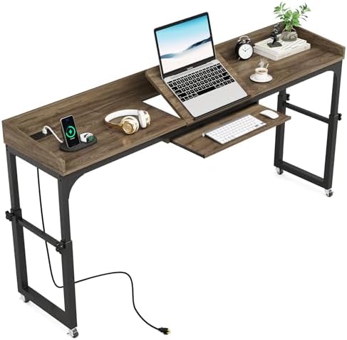 LITTLE TREE Overbed Table with Wheels Adjustable Height, Rolling Table with Outlets & USB Ports for Queen Bed, Giant Adjustable Over the Bed Desk with Tilt Stand, Grey by LITTLETREE