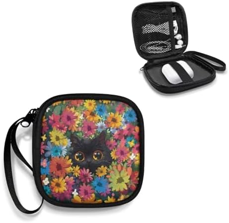 Lightweight Headphone Storage Bag, Colorful Flower Black Cat Portable Headset Carrying Pouch Headphone Case Bag Soft Travel Pouch for Ear Headphones Headphone Holder - Image 2