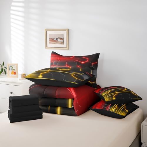 Feelyou Honeycomb Bedding Set Geometrical King Comforter Set with Sheets for Kids Boys Girls Teens Room Decor Modern Hexagon Theme Bed in a Bag 7 Piece Beehive Red Yellow Bed Set - Image 6