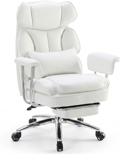 DUMOS Ergonomic Home Office Desk Chair, Executive Chair, PU Leather | Big Tall High Back, Lumbar Support, Reclining Height Adjustable, Computer Gaming, Footrest Swivel Wheels, Snow White - Image 3