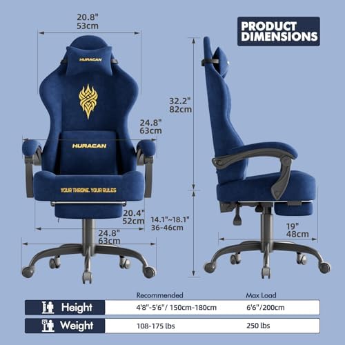 Ferghana Velvet Fabric Gaming Chair - 20.5″ Wider Seat Cushion, Fire Embroidery, Ergonomic High Back Game Chair with Footrest | Computer Chair with Massage Lumbar Support for Adult, Navy - Image 3