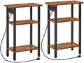 HOOBRO Narrow Side Table, Set of 2, 3-Tier Slim End Table with Charging Station, Skinny Nightstand with Open Storage, for Small Spaces, Living Room, Bedroom, Study, Rustic Brown and Black BF340UBZP201 by HOOBRO