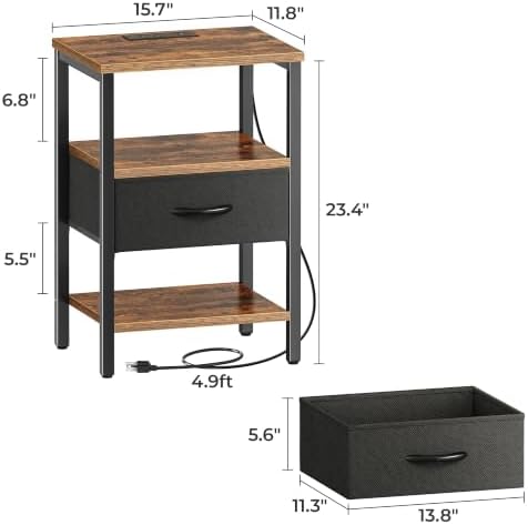 SUPERJARE Nightstand with Charging Station, Bed Side Table with Adjustable Fabric Drawer, Night Stand for Bedroom, 3-Tier Storage End Table, for Living Room, Rustic Brown and Black - Image 3