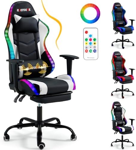 ECOTOUGE Racing Style RGB LED Lights Gaming Chair with Footrest | Video Game Chair for Adults and Kids, Lumbar Massage, High Back Reclining Computer Chair with Headrest, Black&White by ECOTOUGE
