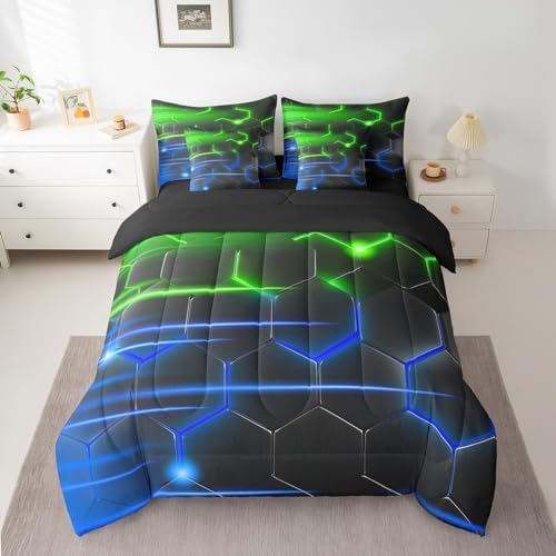 Feelyou Honeycomb Bedding Set Geometrical King Comforter Set with Sheets for Kids Boys Girls Teens Room Decor Modern Hexagon Theme Bed in a Bag 7 Piece Beehive Green Blue Bed Set - Image 2