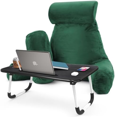 Nestl Reading Pillow with Portable Laptop Lap Desk - Shredded Memory Foam Back Support Pillow for Sitting Up in Bed and Couch Rest Pillows with Arms, Bed Tray Table with Foldable Legs, Dark Green by Nestl