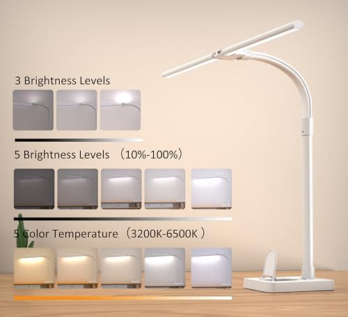 Double Head LED Desk Lamp, Architect Desk Lamps for Home Office, 24W Brightest Workbench Office Lighting-5 Color Modes and 5 Dimmable Eye Protection Modern Desk Lamp (White-Desktop, Big) - Image 2