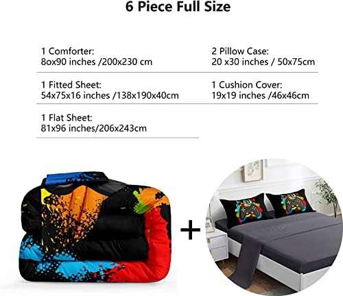 ROWADALO 6 Pieces Gaming Bedding Set for Boys Gamer Comforter Set Full Size,Game Controller Comforter for Boys Kids 6 Pieces Bed in A Bag 3D Gamepad Microfiber Bedding Sets,DJT H5019 Full - Image 3