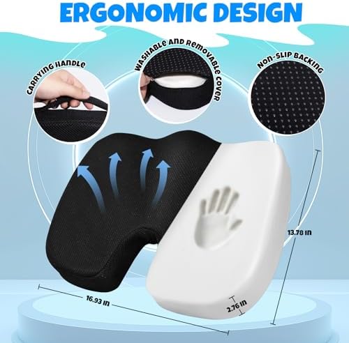 Ergonomic Seat Cushion with Memory Foam for Office Chair, Car Seat, Sciatica & Tailbone Relief, Non-Slip Cushion,Breathable Mesh Cover, Portable Handle - Black - Image 2
