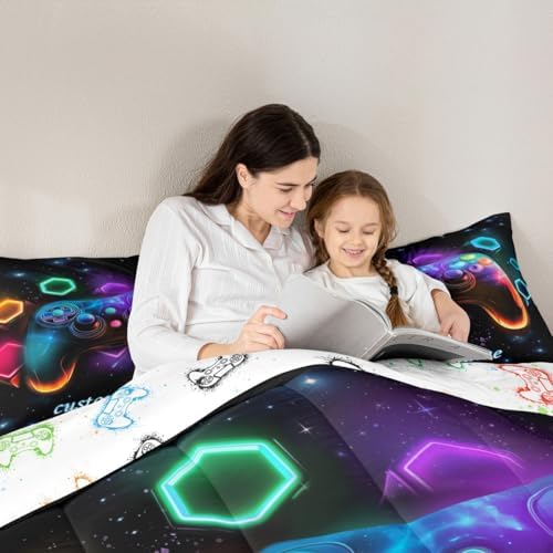 Custom Name Game Consoles Comforter Sets Twin Gamer Gifts, Personalized Boys Twin Bedding Set with Space Glow Geometric, Red Green Blue Teal, Kids Room Decor - Image 3
