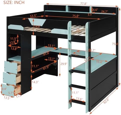 Merax Full Size Wood Gaming Loft Bed with U-Shaped Desk, Lights & USB Ports - Image 2